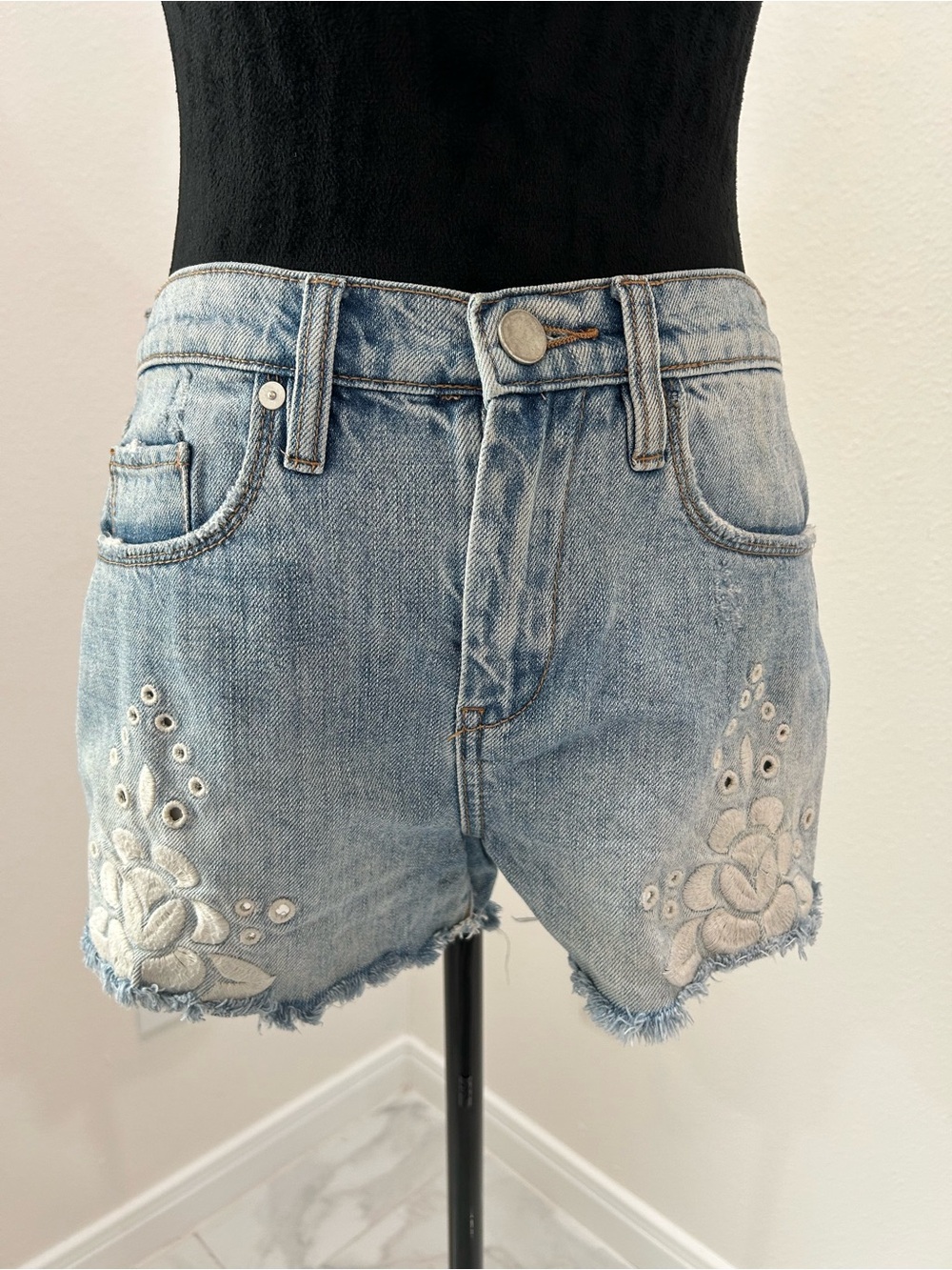 Chelsea & Violet Embroidered Denim Shorts with Eyelets and Raw Cut Hem, Size 26
